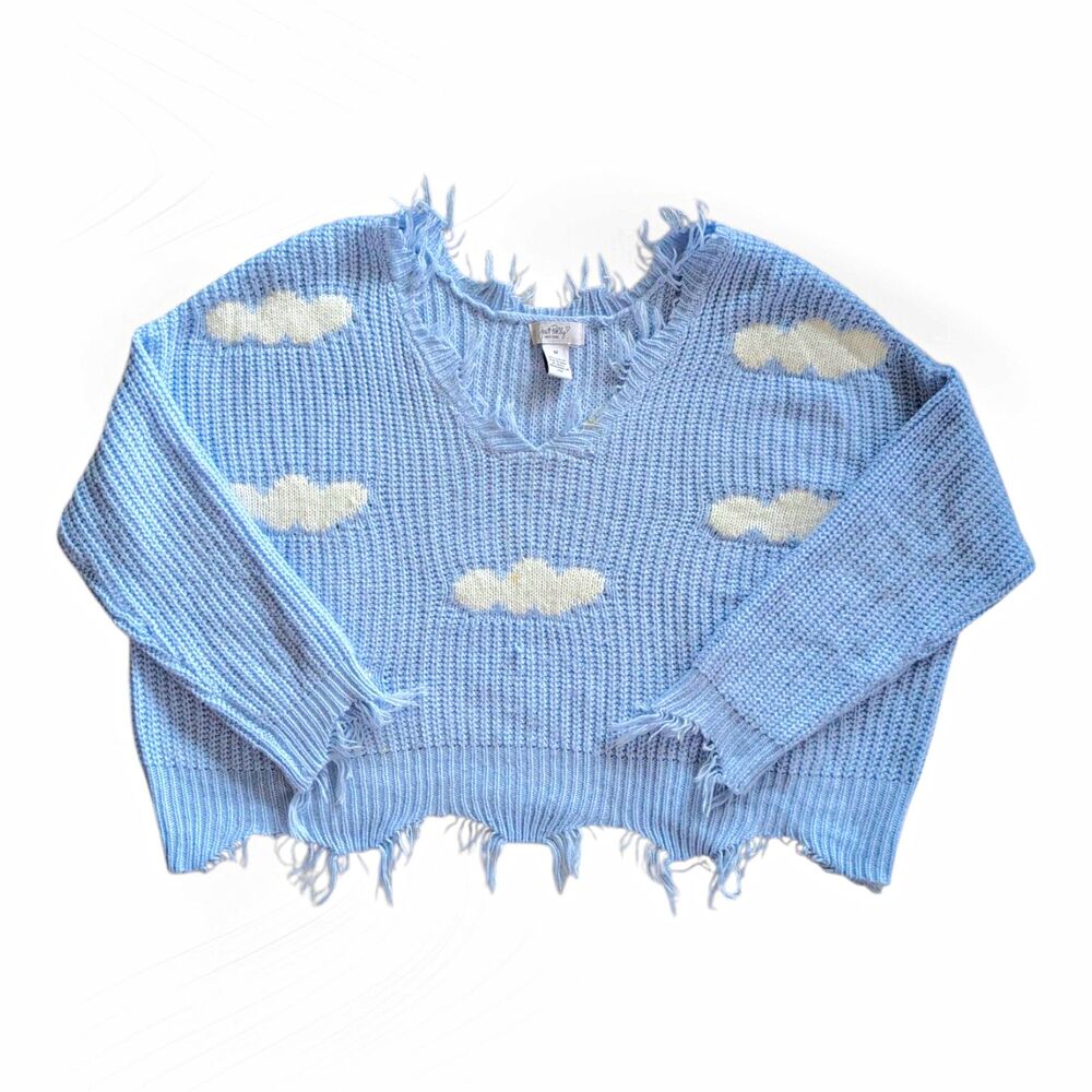Just Polly New York Women's Blue Knit Fringe Hem Oversized Pullover Sweater M